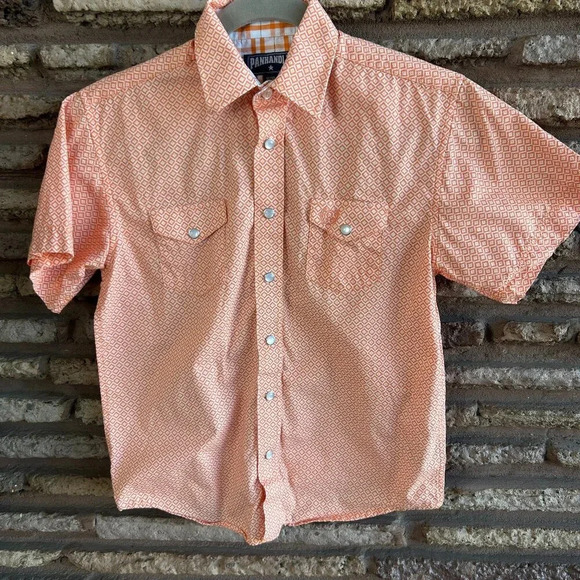 Panhandle  Western Pearl Snap Boy’s  Orange Patterned Short Sleeve Shirt Size M - Picture 1 of 7